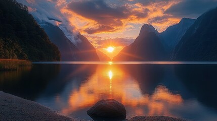Sunset sunburst between towering mountain peaks over a glassy fjord lake, dramatic orange clouds mirrored in calm water, foreground rock on pebbled shore, serene and awe-inspiring mood