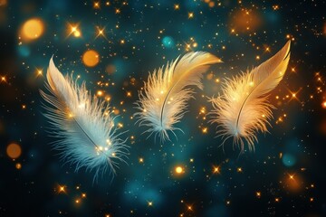 Three delicate feathers drifting amid glowing golden sparkles, tiny stars, and soft teal bokeh, creating a dreamy, serene, and magical atmosphere