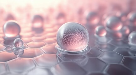 Serene macro of translucent spherical droplets resting on a hexagonal glossy surface with soft pink and lavender bokeh lighting