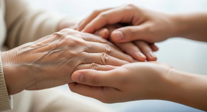 A young person holds the hands of an older person in a symbol of care, comfort, support, empathy, and togetherness