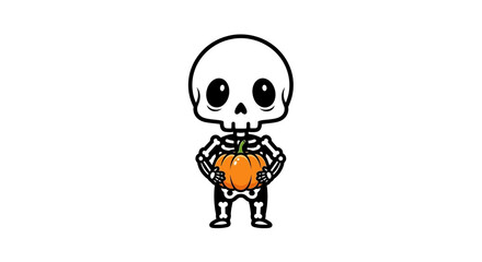 Obraz premium Adorable cartoon skeleton holding a pumpkin is perfect for Halloween designs, greeting cards, and spooky season projects for kids and adults