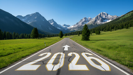 2026 New Year road trip travel and future vision concept . Nature landscape with highway road leading forward to happy new year celebration in beginning of 2026 for glee successful start .New Year 