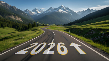 2026 New Year road trip travel and future vision concept . Nature landscape with highway road leading forward to happy new year celebration in beginning of 2026 for glee successful start .New Year 