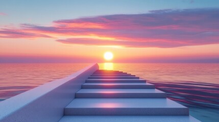 white stepped pier stretching over calm ocean toward a glowing sun on a pastel pink and purple sunset sky, serene and dreamy mood