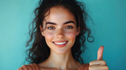 person with curly dark hair in brown sweater giving a thumbs up against a teal background conveying approval and friendly confident energy