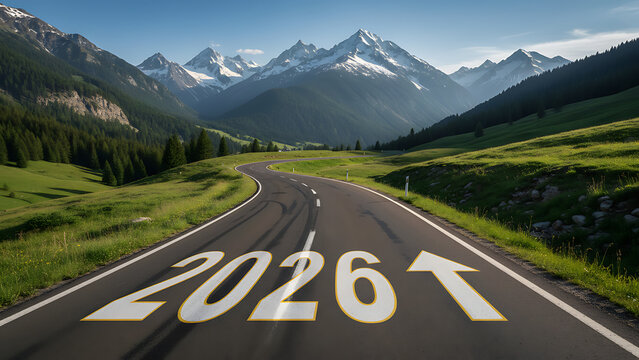 2026 New Year road trip travel and future vision concept . Nature landscape with highway road leading forward to happy new year celebration in beginning of 2026 for glee successful start .New Year 