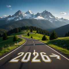 2026 New Year road trip travel and future vision concept . Nature landscape with highway road leading forward to happy new year celebration in beginning of 2026 for glee successful start .New Year 