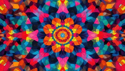 vibrant symmetrical kaleidoscope mandala of colorful stained glass petals conveying energetic joyful floral geometry