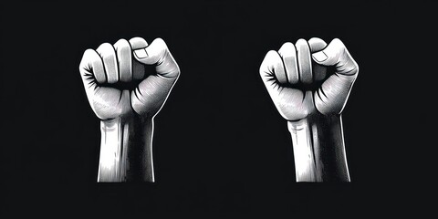 two monochrome engraved clenched fists raised side by side on a black background conveying defiance and solidarity