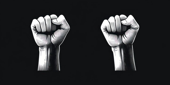 two monochrome engraved clenched fists raised side by side on a black background conveying defiance and solidarity