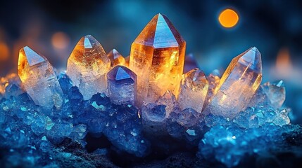 Glowing quartz crystal cluster with warm golden cores on a bed of blue crystals against a dark blurred background with a soft glowing orb, evoking mystical wonder