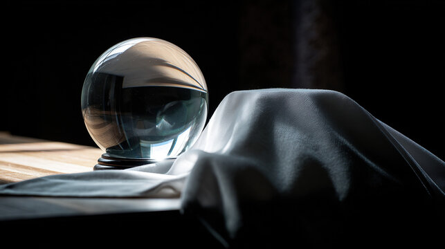 psychic. A crystal ball glows softly on a velvet cloth in a dark room. wellbeing guides, coaching materials, designed for mental health education and mindfulness programs, used by data scientists.
