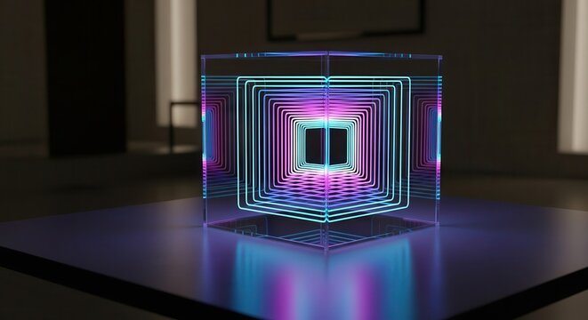 Glowing nested squares form an optical illusion inside a transparent cube object