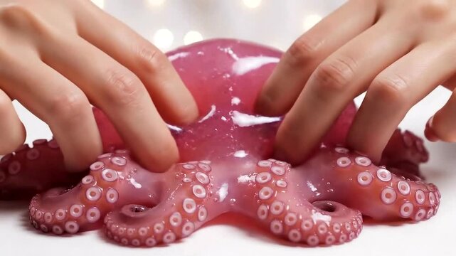 Hands interacting with a vibrant octopus on white surface