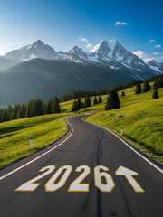 2026 New Year road trip travel and future vision concept . Nature landscape with highway road leading forward to happy new year celebration in beginning of 2026 for glee successful start .New Year 