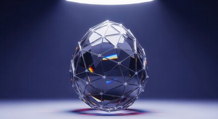 Faceted crystalline object rests under dramatic overhead illumination against a dark background