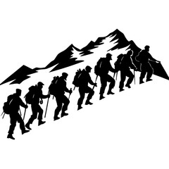 Silhouettes of hikers climbing a mountain together
