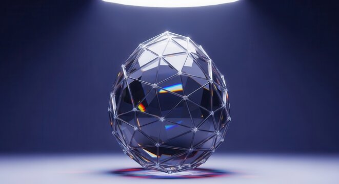 Faceted crystalline object rests under dramatic overhead illumination against a dark background