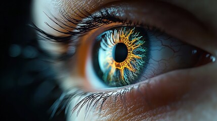 Extreme close-up of a human eye with a vibrant blue-green iris and glowing orange lightning-like patterns, glossy lashes and visible veins conveying wonder and intensity