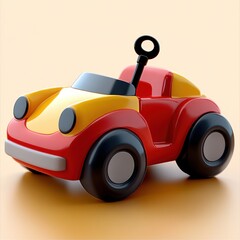 Glossy red and yellow plastic toy car with oversized black wheels and a wind-up key, playful cheerful mood on a soft neutral background