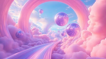dreamy pastel cloudscape with glossy rainbow road, floating reflective purple spheres and giant pink circular arches, serene whimsical light and soft clouds