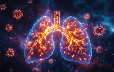 Glowing inflamed human lungs with illuminated bronchial network and trachea surrounded by floating spiky viral particles in dark space, evoking alarm and urgency