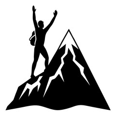 Silhouette of a triumphant hiker reaching the summit of a mountain
