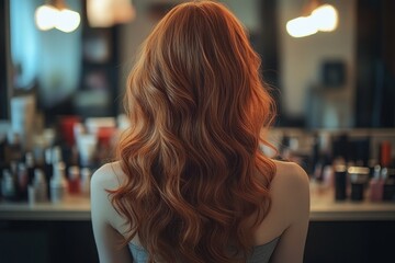 rear view of a woman with long wavy auburn hair seated at a makeup vanity with warm glowing lights, calm contemplative mood