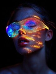 Portrait of a person with colorful glowing ear lights and soft blue and orange rim lighting against a dark background, evoking futuristic mystery and quiet contemplation
