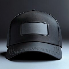 Front view of sleek black baseball cap with blank rectangular patch, detailed stitching and curved brim conveying a minimalist, modern and premium mood
