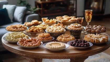 Abundant spread of assorted golden pastries, cookies and bite-sized sweets on a round wooden table in a cozy living room, warm inviting festive atmosphere