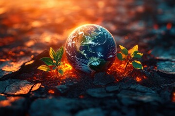 earth globe on cracked scorched ground with glowing lava fissures and two small green seedlings, dramatic scene of destruction and fragile hope