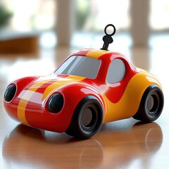 glossy red and yellow wind-up toy car with black key on wooden table, playful retro miniature with shiny finish and cheerful mood