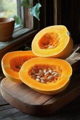 Three halved orange winter squashes with exposed seeds on a wooden cutting board by a sunlit windowsill, cozy rustic kitchen scene