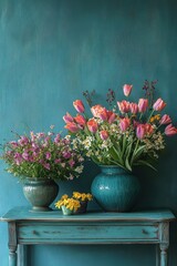 Serene still life of pink tulip bouquet with white blossoms, purple blooms and yellow primroses in turquoise ceramic vases on a worn teal wooden table