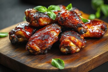 glazed grilled chicken wings with charred edges and fresh basil on a rustic wooden board, mouthwatering and indulgent