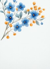 delicate watercolor arrangement of blue blossoms and orange berry clusters on slender branches with soft gray-green leaves on a clean white background, calm and elegant mood