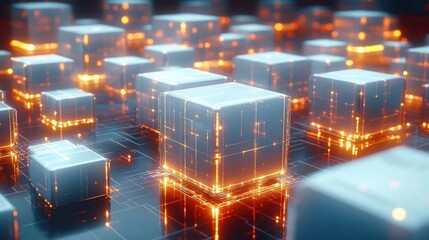Rows of glowing translucent cubes on a reflective circuit board with orange neon lights, digital nodes and futuristic energy, sleek high-tech network visualization