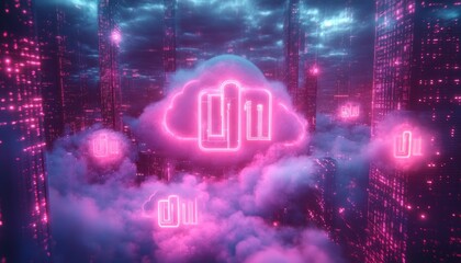Glowing neon cloud icons hover above a misty futuristic city of towering skyscrapers, pink and blue lights creating a dreamy, cyberpunk and mysterious atmosphere