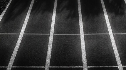 empty outdoor running track lanes with painted white markings and palm tree shadows, quiet and contemplative