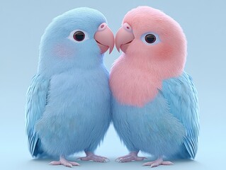 two fluffy pastel lovebirds with blue bodies and one pink head touching beaks in a tender affectionate pose against a soft pale blue background