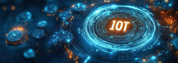 Glowing circular holographic interface displaying IOT surrounded by digital circuitry and mechanical gears, futuristic high-tech connectivity and dynamic energy