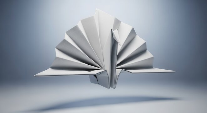 Geometric paper sculpture exhibits intricate fan-like folding against a smooth gradient background