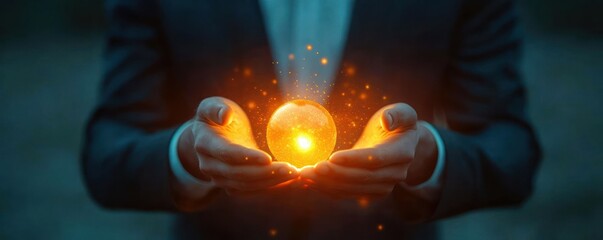 cupped hands of a person in a dark suit cradling a glowing orange orb with sparks, evoking wonder and power