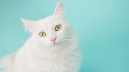 Studio portrait of a beautiful white turkish angora cat sitting against a vibrant turquoise backdrop