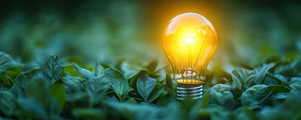 glowing light bulb nestled among green leaves in a serene garden evoking inspiration and hope