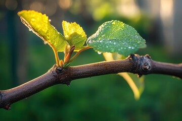 young green leaves with dew on a woody branch bathed in warm morning sunlight, fresh spring growth and hopeful renewal