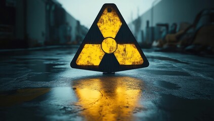 Worn glowing radioactive hazard sign standing on wet cracked asphalt in a foggy abandoned industrial street, reflecting yellow light, ominous and foreboding atmosphere