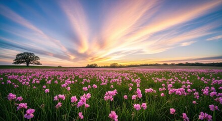 Vibrant long exposure sunset over a vast field of blooming pink wildflowers with a solitary oak tree silhouetted against the dramatic, colorful sky