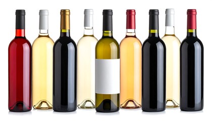 Nine bottles of various wines stand in a row, isolated on white